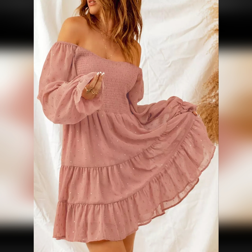 Altar'd State Smocked Rose Dress with Gold Speckles